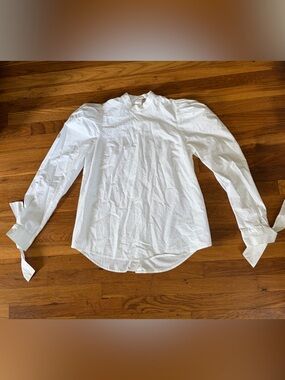 Free People White Bow Long Sleeve back Button-Up Puff shoulder